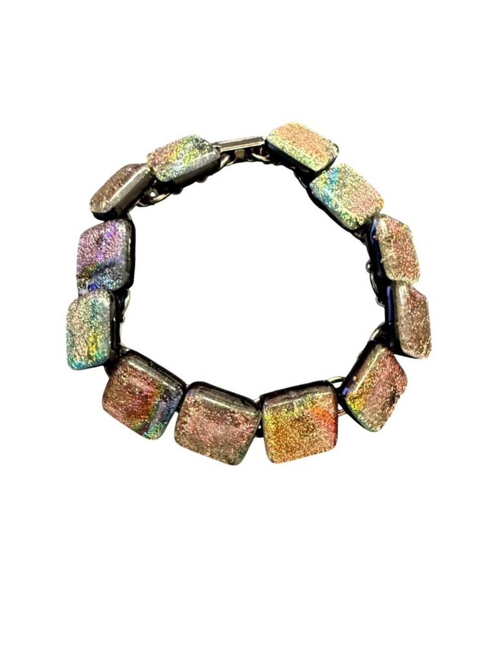 Dichroic Glass Square Link Bracelet With Iridescent Multicolor Finish